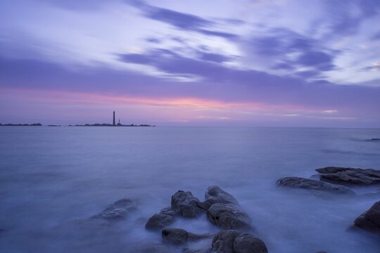 View to the lighthouse on I'lle Vierge at dusk, Plouguerneau, D&eacute;partement Finist&egrave;re, France