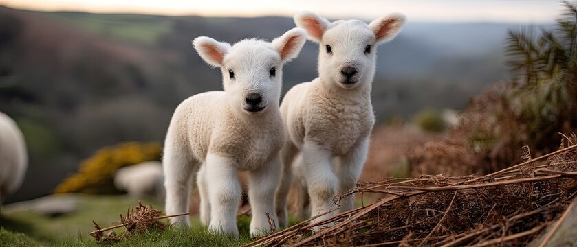 Young lambs in a green field under a glowing sky with warm sunlight shining behind them, surrounded by nature and distant hills during daytime
