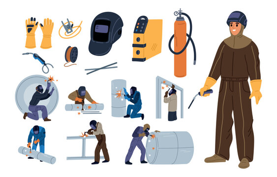 Cartoon welders at work. Men in protective masks welding metal. Workman wearing protective gear. Safety uniform. Steel pipes connection. Industrial metalworking. Vector elements set