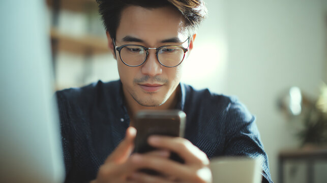 A young man focused on his smartphone in a cozy indoor setting, reflecting modern communication habits and personal engagement.