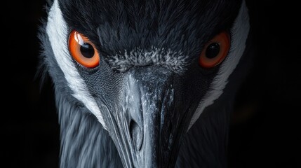 Fototapeta premium Close-up crane head, intense eyes, dark background, nature wildlife