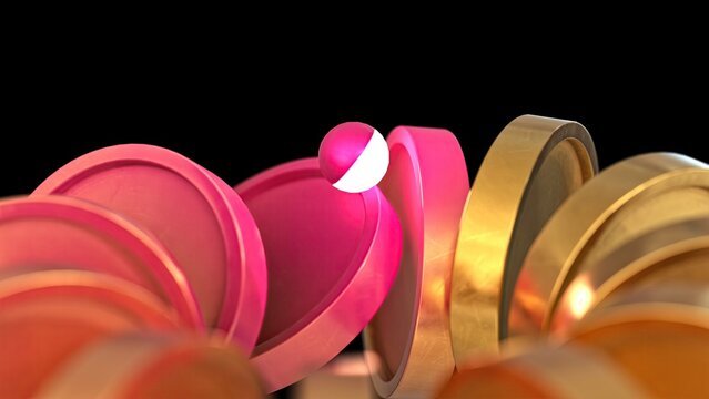 Composition of golden textured coins arranged in a sequence, illustrating a chain reaction. A small, bicolored sphere with a glowing element interacts with the coins, suggesting impact or influence. A