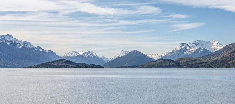 View towards Glenorchy, Mount Alfred and other mountains with lake, Lake Wakatipu, Otago, South Island, New Zealand