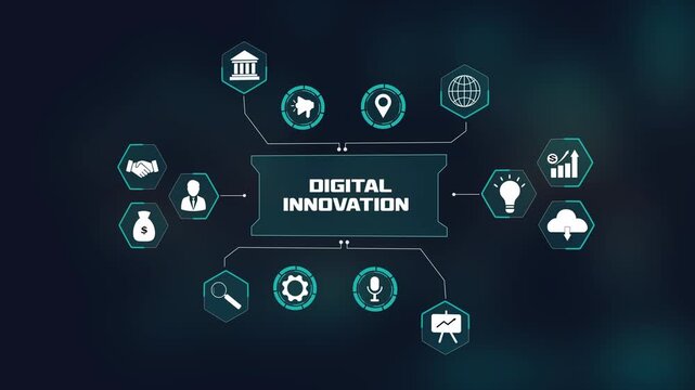 Digital innovation concept with glowing hud interface and futuristic corporate icons.