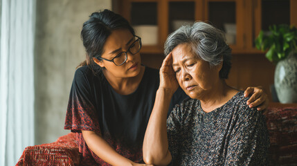 Fototapeta premium A young woman comforts her elder relative, showcasing the bond and challenges of caregiving and emotional support.