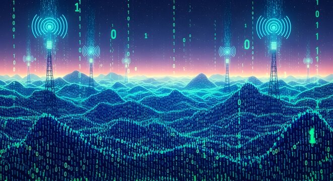 Futuristic landscape, neon-lit mountains, digital terrain, cyberpunk scenery, glowing towers isolated on White Background technology