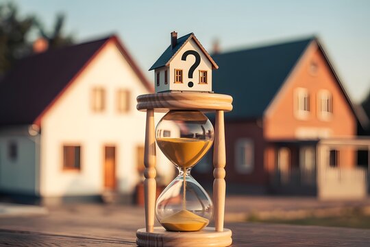 Hourglass with house model and question mark