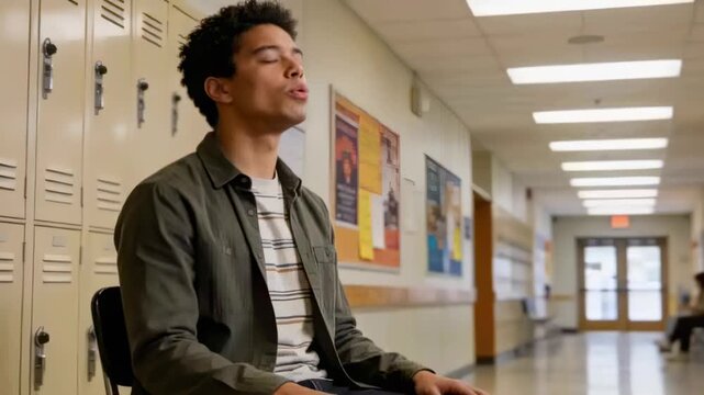 Starting deep breath, male teen on folding chair in olive overshirt opening mouth in locker row