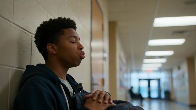 Sitting student in dark hoodie breathing while waiting in school hall, holding patterned backpack
