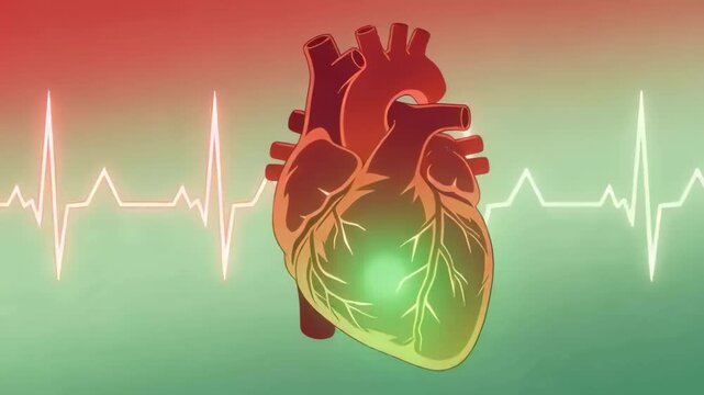Pulsing heart showing green pulse starting lower-left, spreading inward in ECG chart for conduction