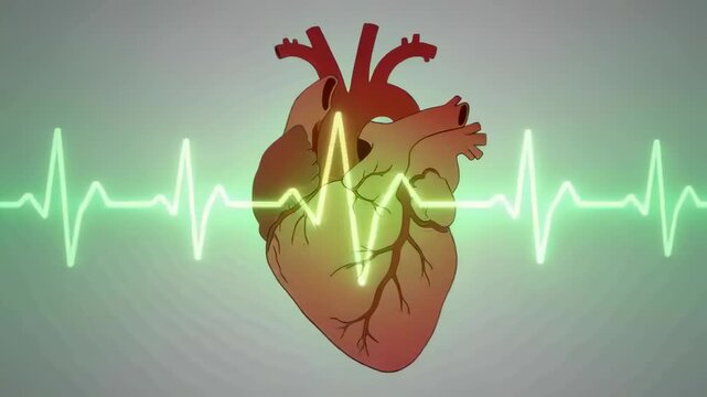 Tracing pulse from top-left moving across stylized heart in medical art with green ECG showing beat
