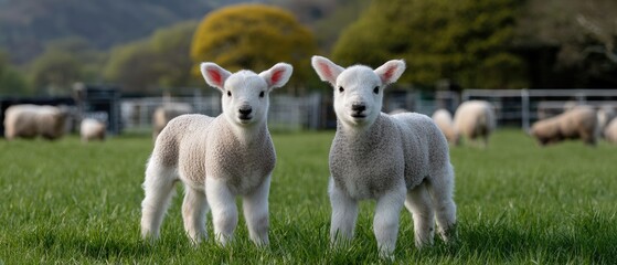 Fototapeta premium Two fluffy white lambs stand side by side in a green grassy field under bright sunlight with distant sheep in the background and trees on rolling hills