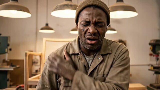 A Black male carpenter in a wood workshop pausing to stretch his shoulder with a pained expression, sawdust-covered workbench behind him, warm industrial lighting, manufacturing tools nearby, moment