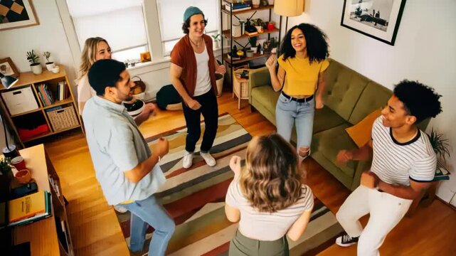 Music starting, dancing six friends moving in living room for get-together, striped rug, sofa