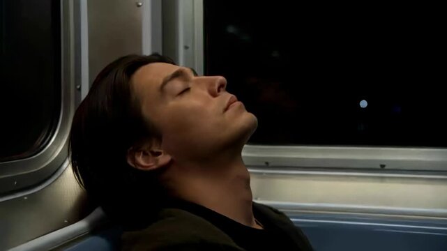 Resting male commuter leaning back on subway seat as train entering tunnel, with jacket and lights