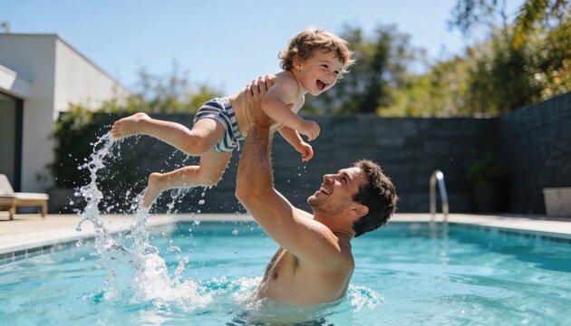 Father lifting laughing toddler in a swimming pool. Playful man and young son enjoying summer day in backyard pool. Family bonding and water splash