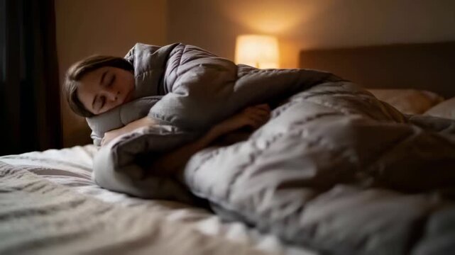 Curling adult woman pulling gray quilted duvet closer in bedroom, seeking comfort and settling