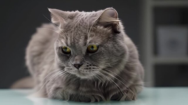 A fluffy grey domestic cat lounging peacefully on a pale blue table indoors