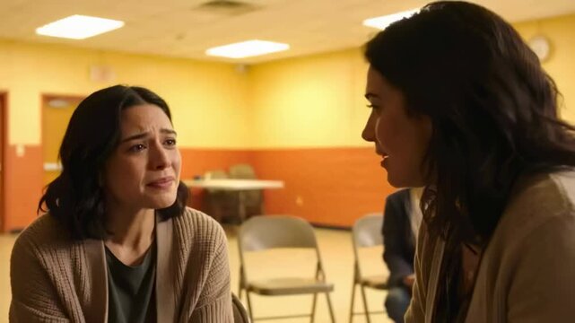 Right woman speaking, two women seeking support in community room, cardigans, folding chairs