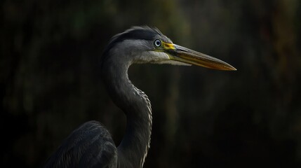 Fototapeta premium Grey Heron Profile in Dark Background