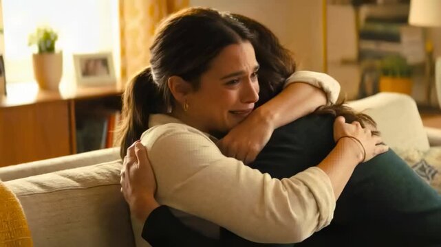 Hugging left woman and friend sharing embrace after tearful moment on sofa, with yellow curtain