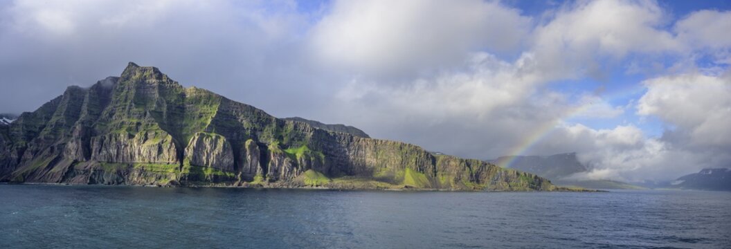 Rainbow at the entrance to the fjord of, Seydisfj&ouml;rdur, Austurland, Iceland