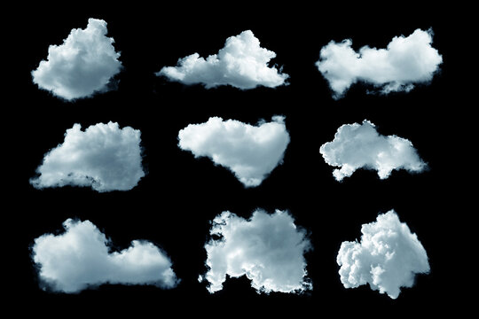 set of isolated white fluffy clouds on a pure black background. Realistic cumulus cloud textures, perfect for digital composting, sky replacement, and graphic design overlays.
