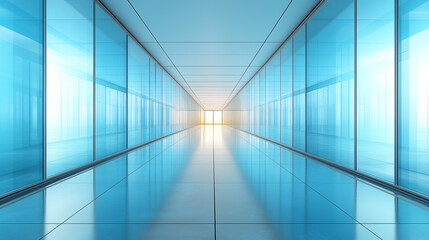 Obraz premium Modern futuristic hallway with blue glass walls and bright light