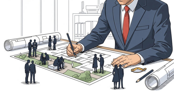 Architect drawing building plans with miniature people figures.