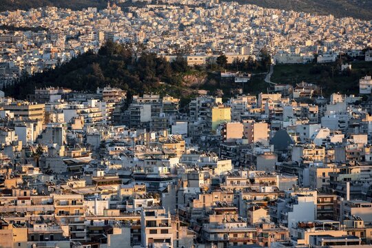 Densely populated cityscape, Many white houses, Athens, Greece