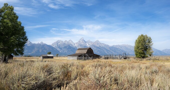 Historic old barn in front of the Teton Range, T.A. Moulton Barn, Mormon Row Historic District, Grand Teton National Park, Wyoming, USA