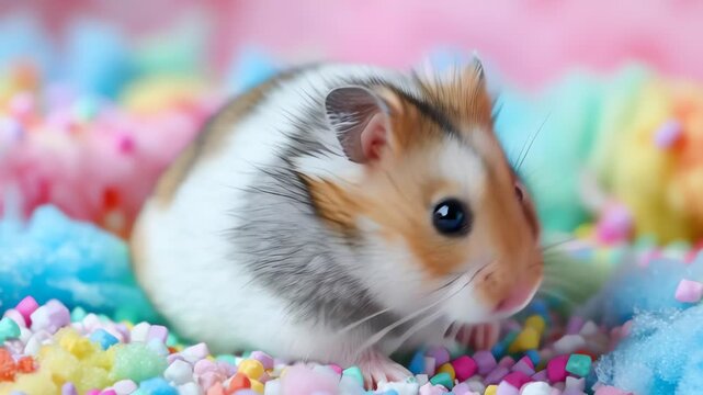 Hamster Exploring Colorful Bedding and Pom Pom Surroundings in Soft Focus