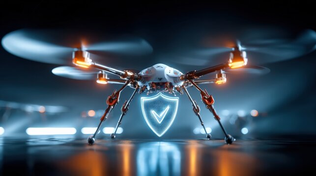 A high-tech drone with a security shield flies boldly, showcasing innovation. ..Created with Generative AI, not depicting real subjects.
