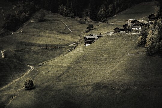 Old farms on mountain meadow, Ulten Valley, Merano, South Tyrol, Italy