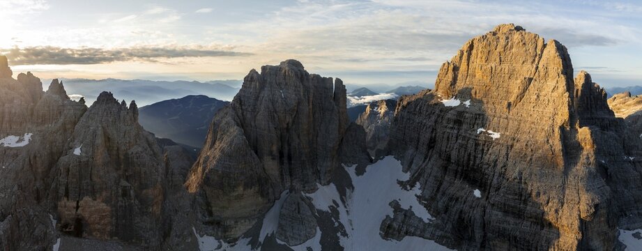 Impressive mountain peaks of the Brenta Mountains, sunrise, 360 degree alpine panorama, aerial view, Brenta, Brenta-Adamello Natural Park, Trentino, Italy