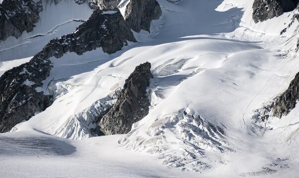 Rocks jutting out of glaciers, Glacier du Tour, High Alpine landscape, Chamonix, Haute-Savoie, France