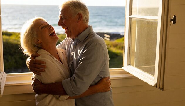 Senior couple laughing and hugging by an open window with ocean view. Happy elderly man and woman embracing at home during golden hour. Retirement and lifelong love concept
