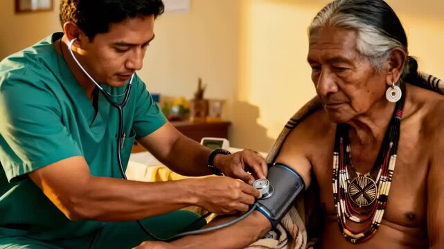 Placing cuff, caregiver in green scrubs listening with stethoscope, recording BP on gauge at home