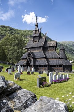 Borgund Stave Church and cemetery, Romanesque church from c. 1180, Vestland, Norway