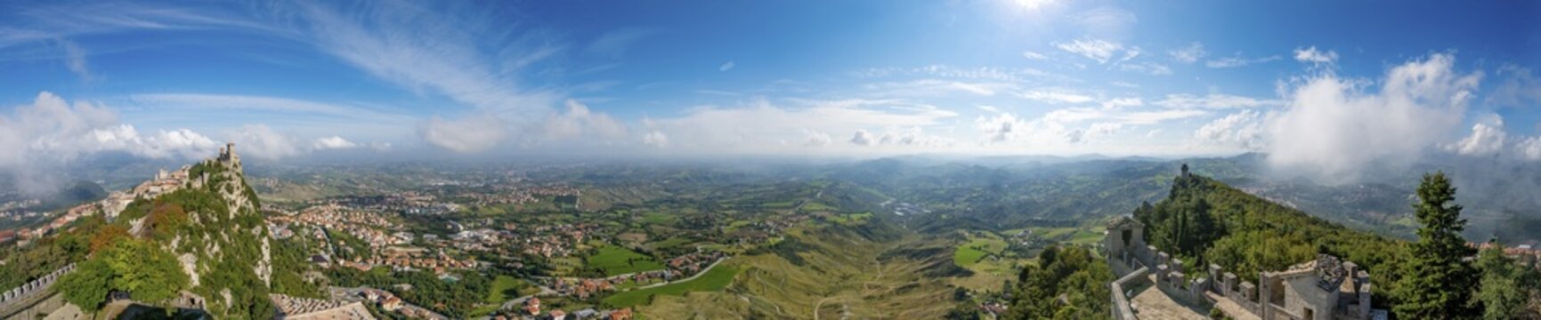 Panorama with Torre Guaita or Rocca Guaita and Torre Montale or Terza Torre, old watchtower, Monte Titano, San Marino