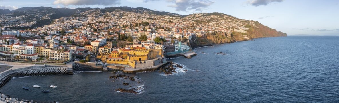 Aerial view, old town with harbour, Sao Tiago fortress, Funchal, Madeira, Portugal