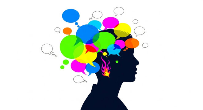 Silhouette of a human head with colorful thought bubbles and ideas exploding outwards.
