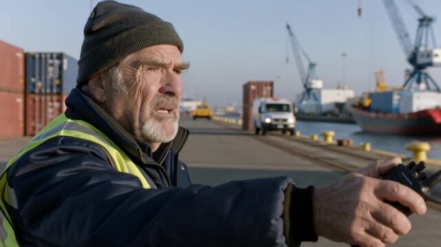 Seeing trucks senior worker in hi-vis vest raising arm keying radio directing on quay, copy space