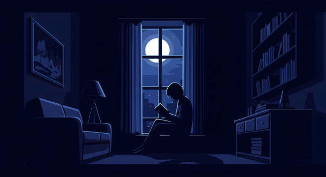 Woman sitting in living room reading book at night by moonlight through window Midwife