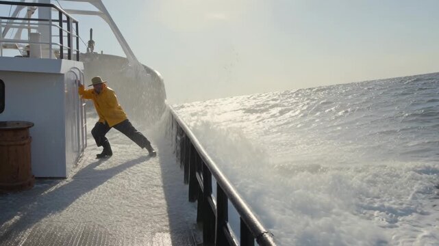 Bracing crewman in yellow jacket holding rail on starboard deck, breaking wave crashing, copy space