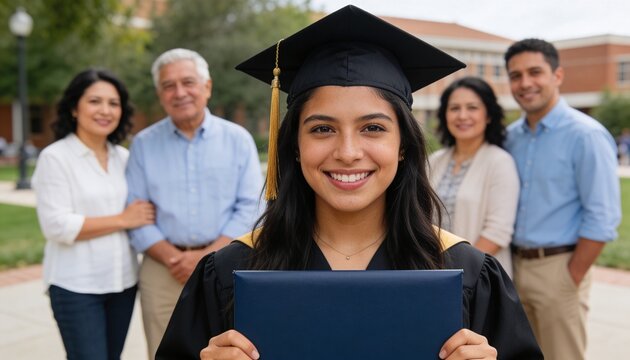 Smiling young Hispanic woman holding diploma at graduation. Graduate with family in background on university campus. Academic achievement and success concept