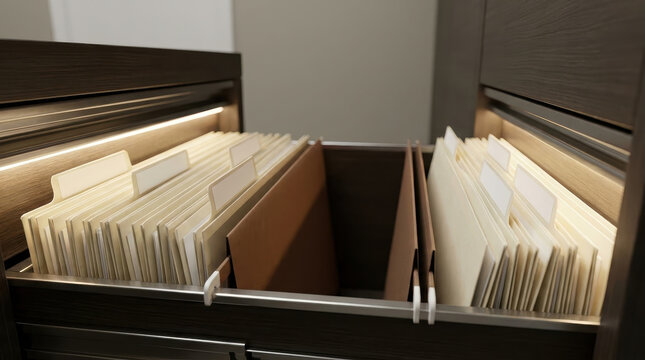 File folder filing cabinet document paperwork record archive storage office organization confidentiality layoffs market downturn concept office record storage with file folder and document drawer