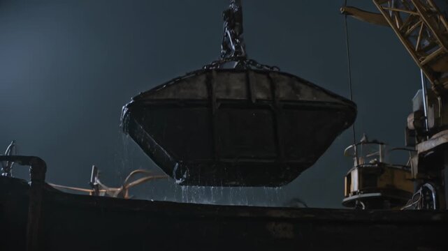 Hoisting rusty clamshell grab rising from dock at night, winch engaging chains draining water