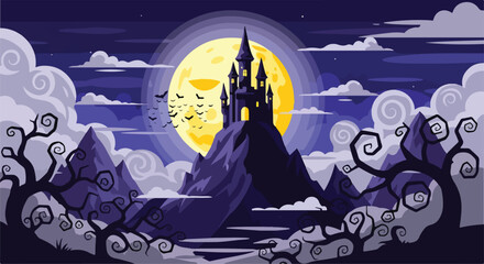 A haunting castle atop a mountain under a full moon © Regina
