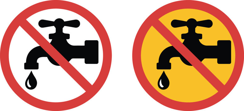 Water prohibition icon set, flat vector collection of no drinking water and water restriction symbols for safety warning signage public health alerts and hazard communication.